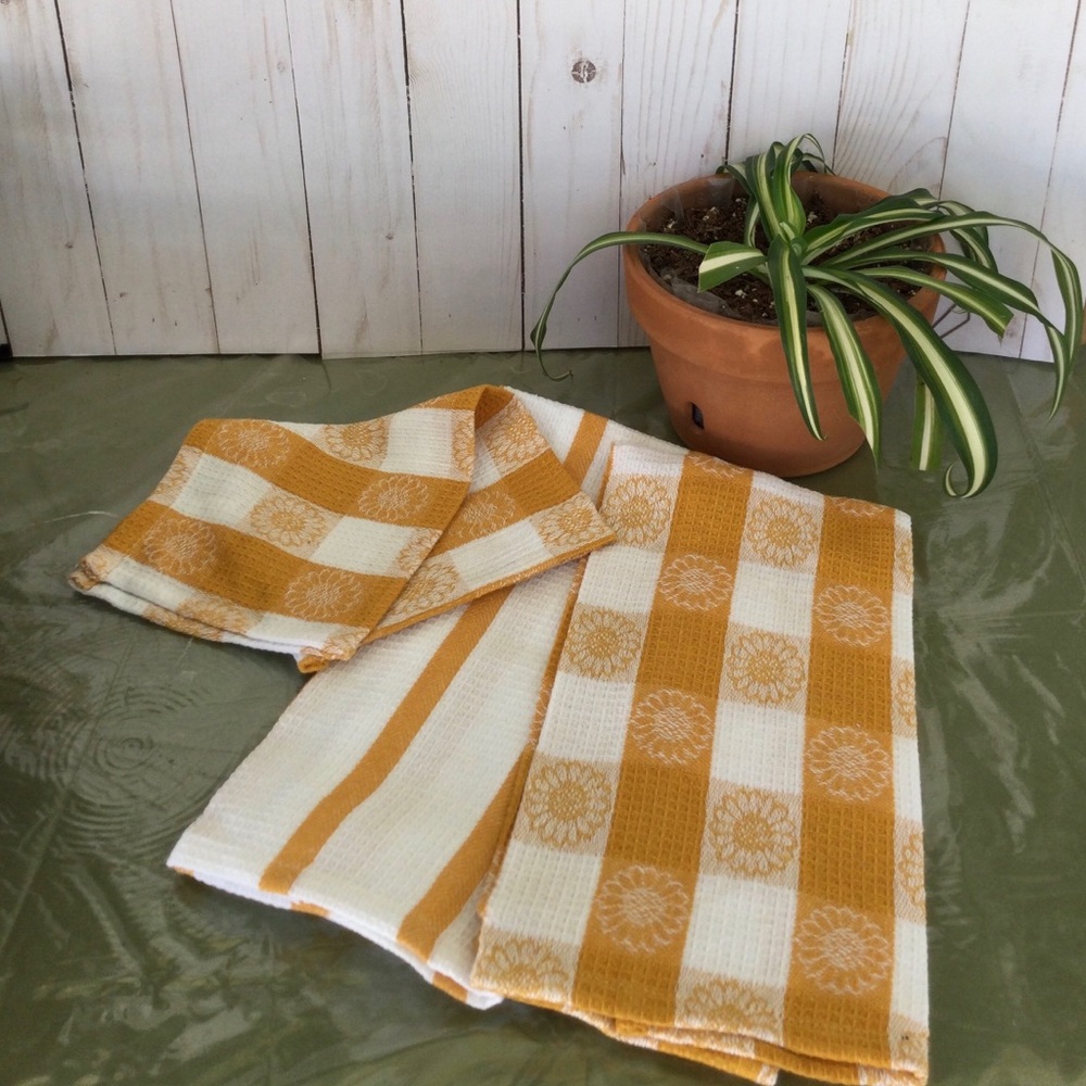 Two Golden Yellow Kitchen Towels w/smaller Counter Towel